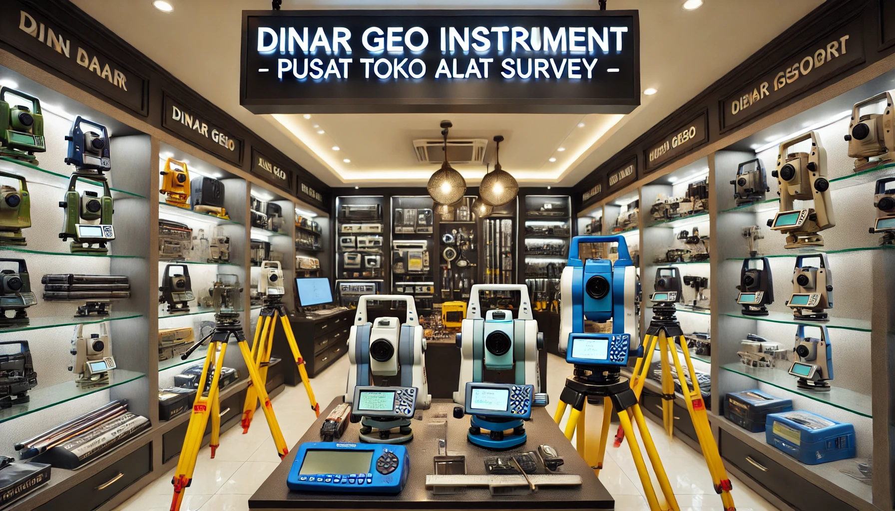 A professional survey equipment store with high-quality instruments on display, including total stations, GPS geodetic devices, theodolites, and other