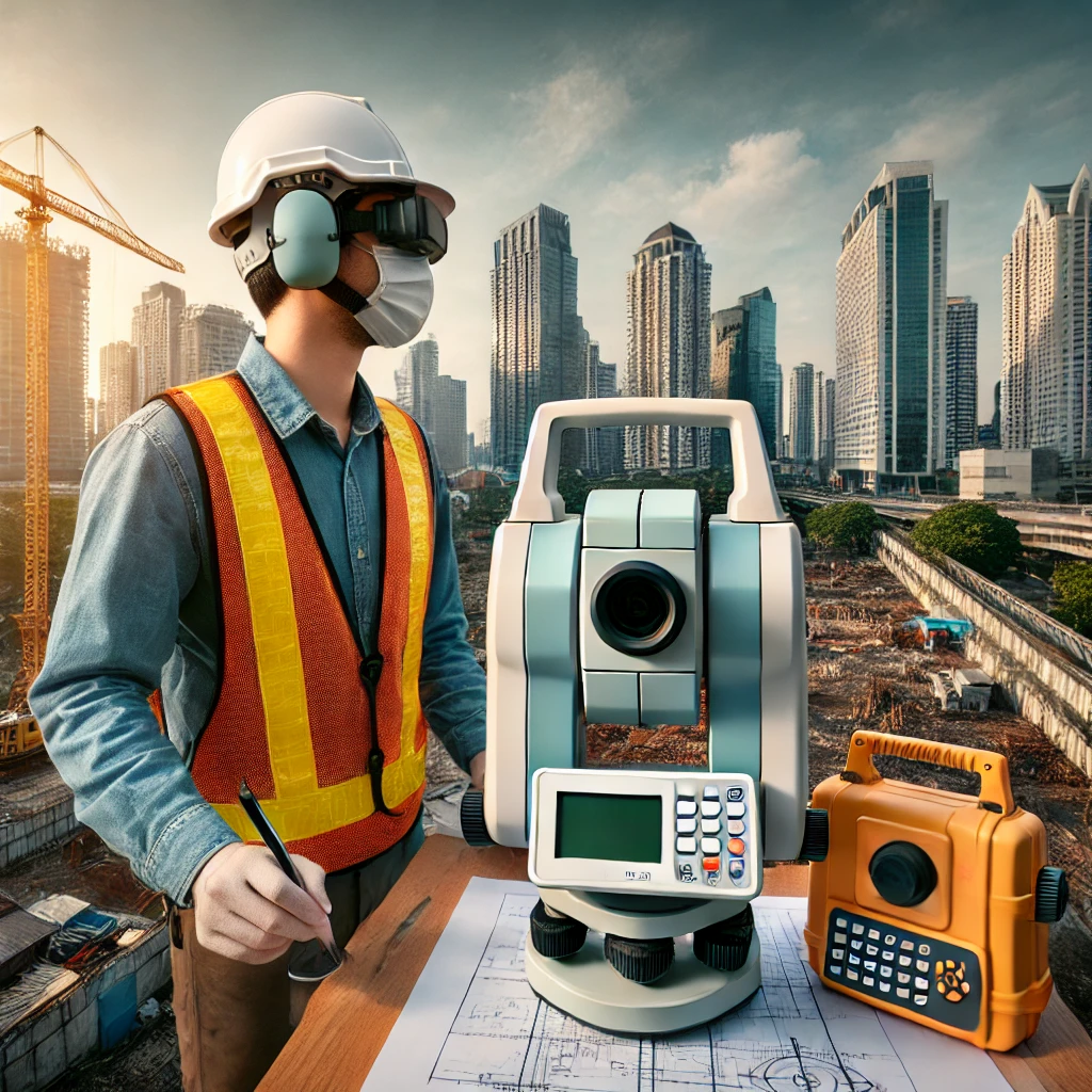 A professional surveyor using various high-quality surveying instruments such as a total station, GPS geodetic device, and theodolite at a construction